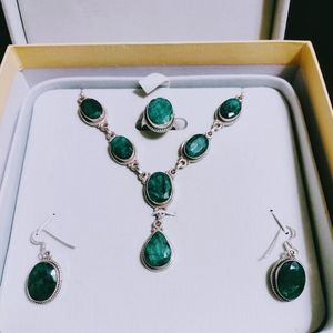 Stauer Emerald and Sterling Silver Necklace,Earnings,and Ring Jewelry set